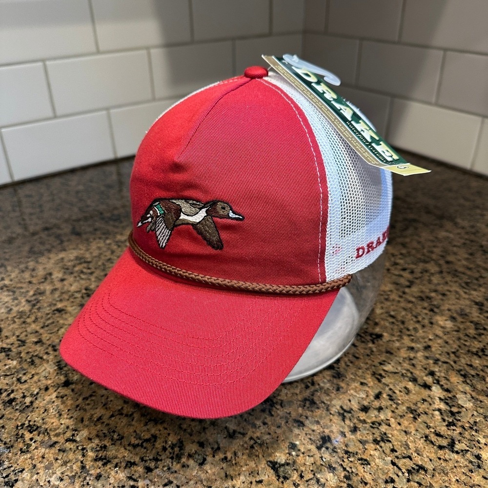 Drake Waterfowl Red White Mesh Back Dad‎ Hat Cap Duck Embroidered Snapback